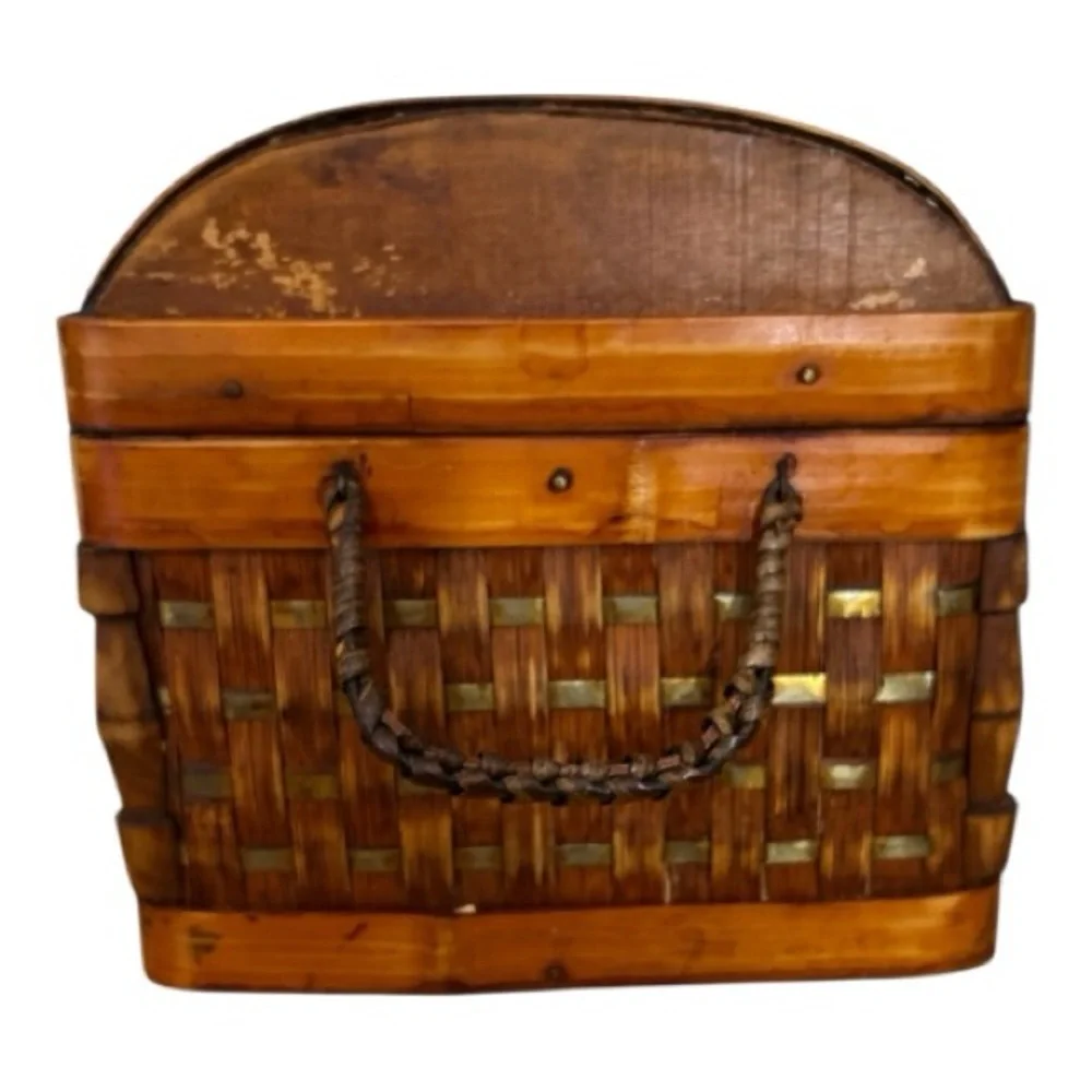 Vintage Woven Rattan Bamboo And Wood Treasure Chest Aged Brass Closure